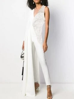 Women's Elegant Formal Wedding Evening Party Club V Neck 2022 White Black Red Jumpsuit Solid Color / Wide Leg