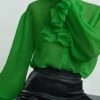 Women's Shirt Blouse Green Plain Button Long Sleeve Casual Fashion Shirt Collar Regular Fit Petal Sleeve Spring &Fall