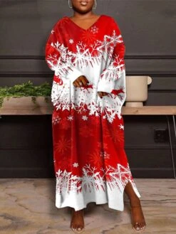 Women's Christmas Plus Size Curve Casual Dress Winter Dress Snowflake Long Dress Maxi Dress Long Sleeve Print V Neck Fashion Outdoor Red Blue Fall Winter L XL XXL 3XL 4XL