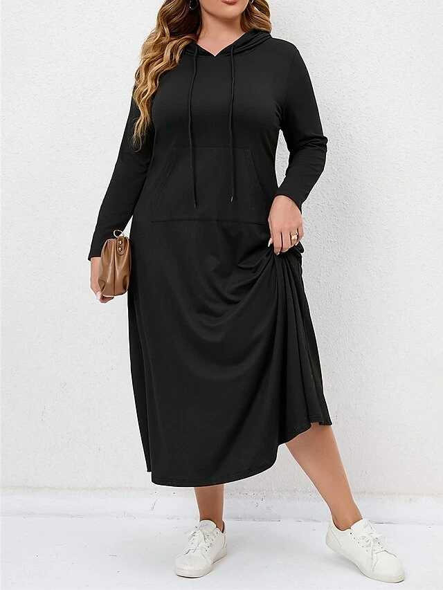 Women's Plus Size Curve Casual Dress Hoodie Dress Black Dress Solid Color Long Dress Maxi Dress Long Sleeve Hooded Fashion Outdoor Black Fall Winter L XL XXL 3XL 4XL 1 Women's Plus Size Curve Casual Dress Hoodie Dress Black Dress Solid Color Long Dress Maxi Dress Long Sleeve Hooded Fashion Outdoor Black Fall Winter L XL XXL 3XL 4XL