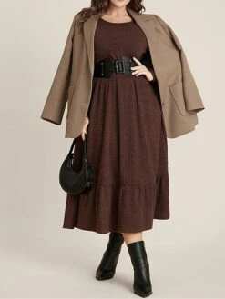 Women's Plus Size Curve Sweater Dress Winter Dress Casual Dress Plain Midi Dress Long Sleeve Ruffle Pocket Crew Neck Fashion Outdoor Coffee Fall Winter L XL 2XL 3XL 4XL -Cheap Plus Fit Dress Store hwexbu1697164794297