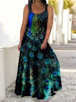 Women's Plus Size Curve Casual Dress Swing Dress Strap Dress Peacock Feather Maxi Long Dress Sleeveless Print Strap Romantic Daily Deep Purple Deep Green Summer Spring L XL XXL 3XL 4XL -Cheap Plus Fit Dress Store hwgaem1680773039671