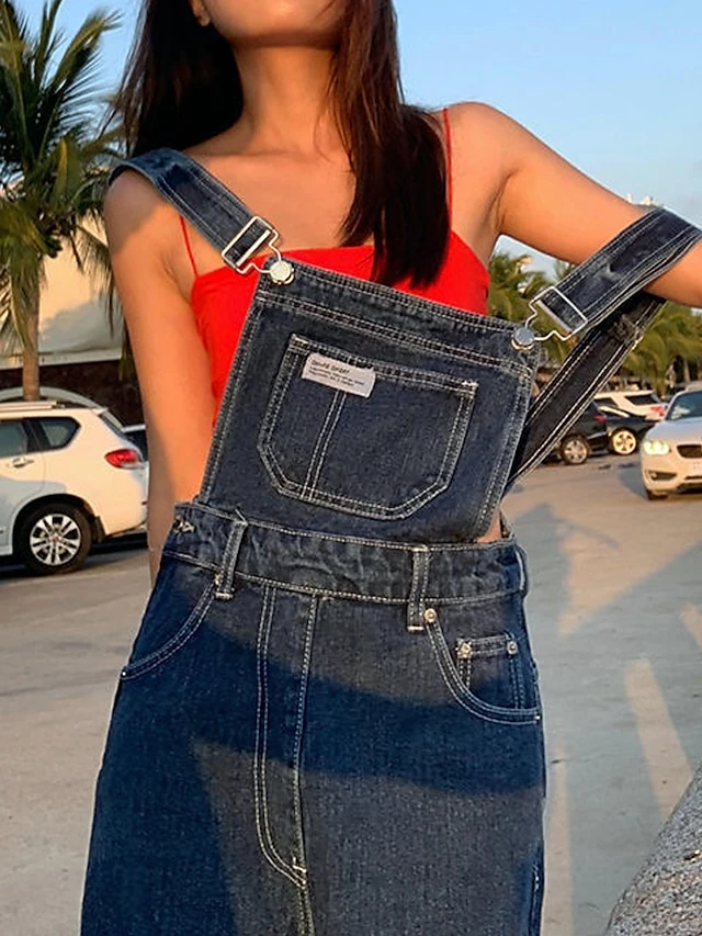 Women‘s Jumpsuit Pocket Solid Color Denim Square Neck Active Street Daily Loose Fit Sleeveless Blue S M L Fall 3 Women‘s Jumpsuit Pocket Solid Color Denim Square Neck Active Street Daily Loose Fit Sleeveless Blue S M L Fall - Image 3