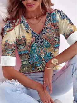 Women's T Shirt Tee Yellow Pink Peach Graphic Print Long Sleeve Daily Weekend Daily Basic Neon & Bright V Neck Regular Fit Painting Fall & Winter -Cheap Plus Fit Dress Store hwwtxp1690798925275