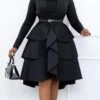 Women‘s Plus Size Curve Work Dress Black Dress A Line Dress Solid Color Midi Dress Long Sleeve Ruffle Crew Neck Elegant Office Black Fall Spring L XL XXL 3XL 4XL