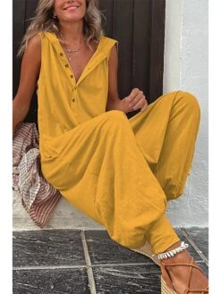 Women's Jumpsuits Casual Utility Button Solid Color Hooded Streetwear Daily Vacation Regular Fit Sleeveless Black Yellow Purple S M L Summer Fall -Cheap Plus Fit Dress Store hyaujr1677565870917