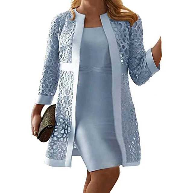 Women's Plus Size Curve Party Dress Solid Color Round Neck Lace Long Sleeve Spring Summer Casual Knee Length Dress Daily Vacation Dress 1 Women's Plus Size Curve Party Dress Solid Color Round Neck Lace Long Sleeve Spring Summer Casual Knee Length Dress Daily Vacation Dress