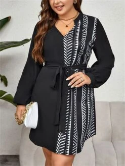Women's Plus Size Curve Casual Dress Sheath Dress Black Dress Geometric Midi Dress Long Sleeve Drawstring Print V Neck Fashion Outdoor Black Fall Winter XL XXL 3XL 4XL -Cheap Plus Fit Dress Store hyvrte1695024244486