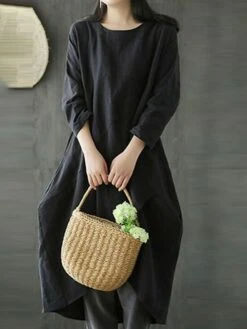 Women's Cotton Linen Dress Casual Dress Shift Dress Maxi Long Dress Cotton Blend Casual Winter Dress Daily Going Out Crew Neck Pocket Layered Long Sleeve Summer Spring Fall 2023 Loose Fit Black Green -Cheap Plus Fit Dress Store hzfxbz1653381110980