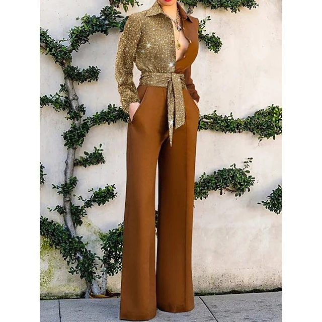 Women's Jumpsuit Patchwork Color Maillard Block Shirt Collar Elegant Daily Vacation Straight Regular Fit Regular Straps Brown S M L Summer Fall 1 Women's Jumpsuit Patchwork Color Maillard Block Shirt Collar Elegant Daily Vacation Straight Regular Fit Regular Straps Brown S M L Summer Fall