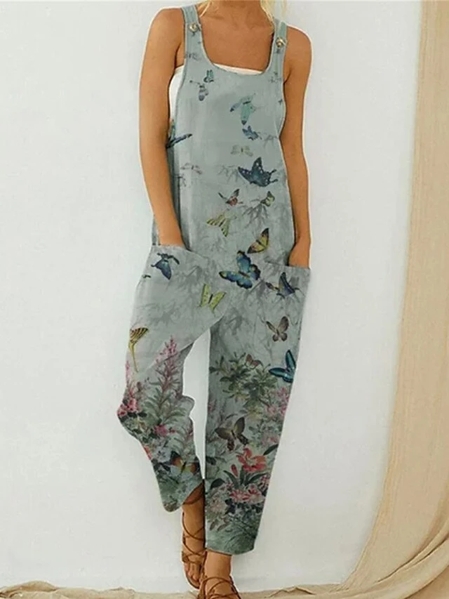 Women's Overall Bib Pocket Print Floral U Neck Streetwear Street Daily Regular Fit Sleeveless Black Blue Khaki S M L Summer 2 Women's Overall Bib Pocket Print Floral U Neck Streetwear Street Daily Regular Fit Sleeveless Black Blue Khaki S M L Summer - Image 2