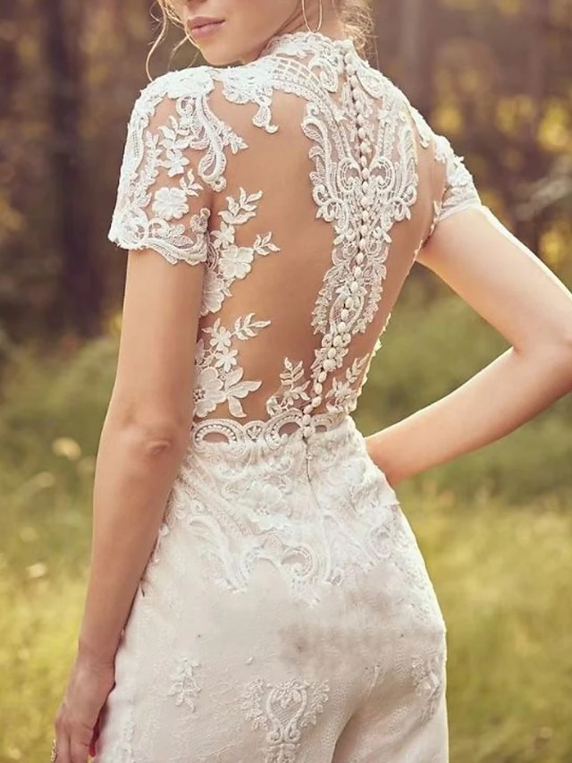 Women's Jumpsuit Lace Solid Color Stand Collar Elegant Wedding Party Regular Fit Short Sleeve White S M L Summer 3 Women's Jumpsuit Lace Solid Color Stand Collar Elegant Wedding Party Regular Fit Short Sleeve White S M L Summer - Image 3