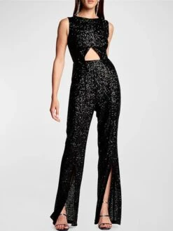 Women‘s Jumpsuit High Waist Sparkly Sequin Disco Queen Wedding Solid Color Round Neck Streetwear Party Street Regular Fit Sleeveless Black S M L Fall