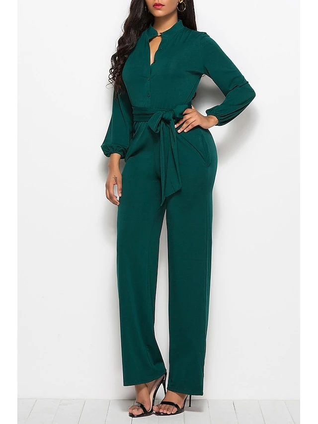 Women's Jumpsuit Belted Button Front Solid Color Shirt Collar Business Daily Office Straight Regular Fit Long Sleeve Green Black Wine S M L Fall 2 Women's Jumpsuit Belted Button Front Solid Color Shirt Collar Business Daily Office Straight Regular Fit Long Sleeve Green Black Wine S M L Fall - Image 2