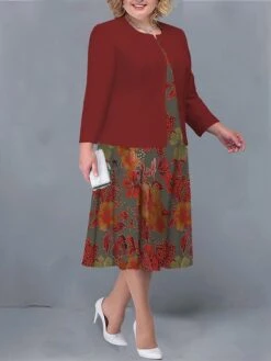 Women's Plus Size Curve Two Piece Dress Set Casual Dress Print Dress Outdoor Office Fashion Streetwear Print Midi Dress Crew Neck Long Sleeve Floral White Yellow Navy Blue Fall Winter L XL XXL -Cheap Plus Fit Dress Store hzyaeu1692945580322