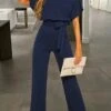 Jumpsuits For Women Summer Dressy Short Sleeve Belt Clean Fit Party Wide Leg Playsuit Long Pants Summer
