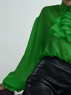 Women's Shirt Blouse Green Plain Button Long Sleeve Casual Fashion Shirt Collar Regular Fit Petal Sleeve Spring &Fall -Cheap Plus Fit Dress Store hzyjci1697107246216