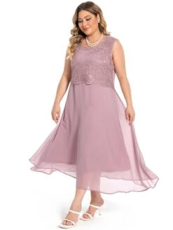 Women‘s Plus Size Curve Dress Set Solid Color Crew Neck Half Sleeve Spring Fall Elegant Maxi Long Dress Formal Party Dress -Cheap Plus Fit Dress Store iacfec1694771119782