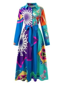 Women‘s Plus Size Curve Party Dress Swing Dress Graphic Long Dress Maxi Dress Long Sleeve Pocket Print Crew Neck Modern Party Blue Fall Spring L XL XXL 3XL 4XL -Cheap Plus Fit Dress Store iagcqh1672990478380