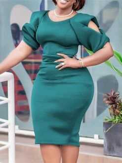 Women‘s Plus Size Curve Party Dress Solid Color V Neck Short Sleeve Spring Fall Work Formal Midi Dress Party Date Dress -Cheap Plus Fit Dress Store iavyat1661334434782