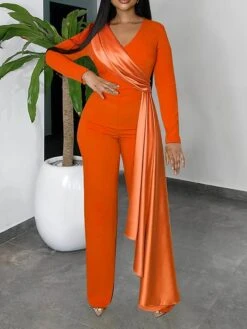 Women's Jumpsuit High Waist Solid Color V Neck Elegant Wedding Party Regular Fit Long Sleeve Black Blue Orange S M L Summer -Cheap Plus Fit Dress Store icisdr1678257632953
