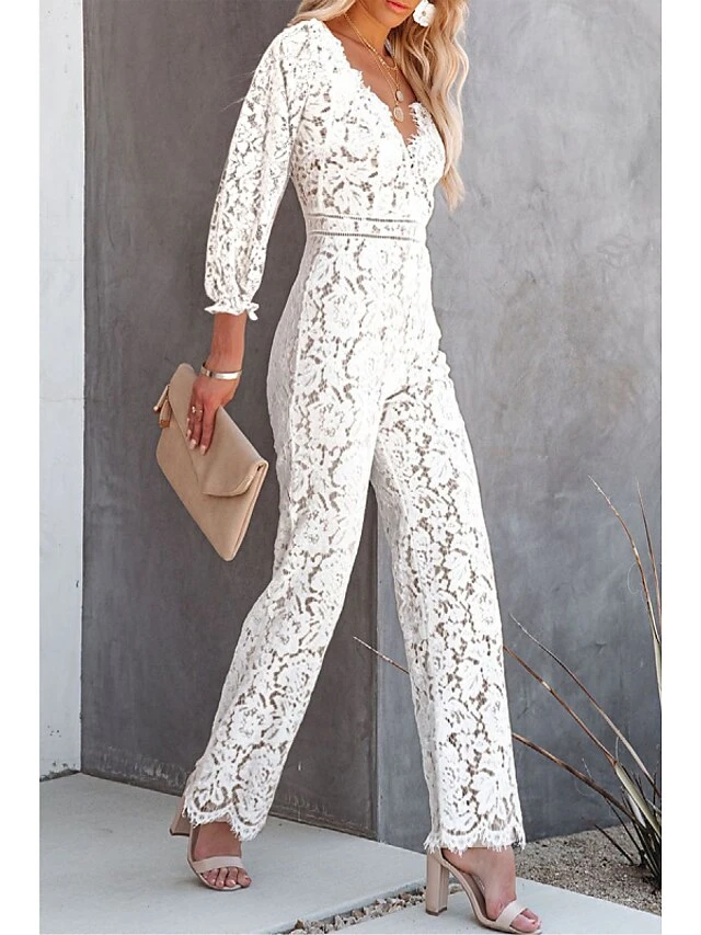 Women's Jumpsuit Lace Tassel Solid Color V Neck Elegant Wedding Work Bootcut Regular Fit Short Sleeve Poet Sleeve Black White Wine S M L Fall 2 Women's Jumpsuit Lace Tassel Solid Color V Neck Elegant Wedding Work Bootcut Regular Fit Short Sleeve Poet Sleeve Black White Wine S M L Fall - Image 2