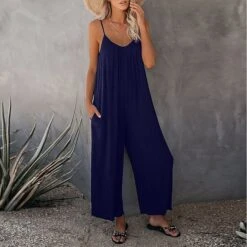 Women's Jumpsuits Casual Summer Basic Daily Wide Leg Navy Blue Overall Solid Color -Cheap Plus Fit Dress Store ictapp1624632497621