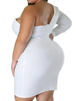 Women‘s Plus Size Curve Party Dress Solid Color One Shoulder Long Sleeve Fall Winter Formal Knee Length Dress Party Date Dress -Cheap Plus Fit Dress Store icxnet1658995286432