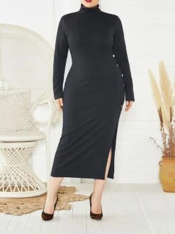 Women's Plus Size Curve Casual Dress Sweater Dress Sheath Dress Plain Midi Dress Long Sleeve Button Split Stand Collar Fashion Daily Black Wine Fall Winter XL XXL 3XL 4XL 5XL -Cheap Plus Fit Dress Store iczefv1694151469320