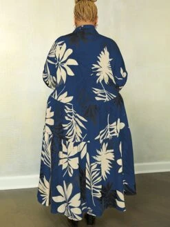 Women‘s Plus Size Curve Denim Dress Casual Dress Swing Dress Leaf Midi Dress Long Sleeve Button Print Shirt Collar Fashion Daily White Blue Fall Spring XL XXL 3XL 4XL 5XL -Cheap Plus Fit Dress Store idqovh1676009688699