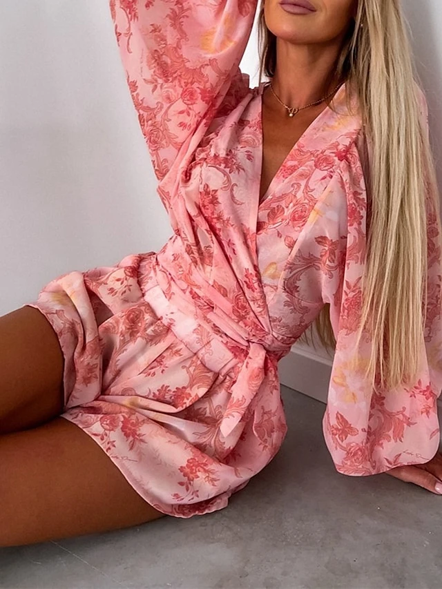 Women's Romper Print Floral V Neck Streetwear Street Going Out Regular Fit Long Sleeve Pink Red Blue S M L Summer 9 Women's Romper Print Floral V Neck Streetwear Street Going Out Regular Fit Long Sleeve Pink Red Blue S M L Summer - Image 9