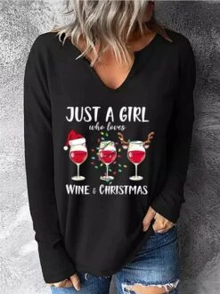 Women's T Shirt Tee Christmas Shirt Black Wine Glass Print Long Sleeve Christmas Casual Daily Christmas V Neck Regular Fit Fall & Winter