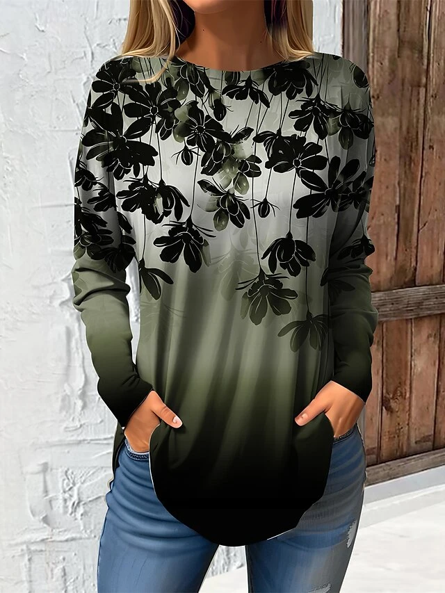 Women's T Shirt Tee Pink Blue Green Floral Print Long Sleeve Daily Weekend Fashion Round Neck Regular Fit Painting Spring &Fall 2 Women's T Shirt Tee Pink Blue Green Floral Print Long Sleeve Daily Weekend Fashion Round Neck Regular Fit Painting Spring &Fall - Image 2