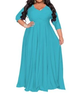 Women‘s Plus Size Curve Party Dress Pure Color V Neck 3/4 Length Sleeve Fall Spring Elegant Maxi Long Dress Party Evening Party Dress -Cheap Plus Fit Dress Store ieztiw1672020376276