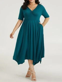 Women's Plus Size Curve Casual Dress Swing Dress A Line Dress Plain Midi Dress Half Sleeve Ruched Pocket V Neck Fashion Daily Dark Green Spring Fall L XL 2XL 3XL 4XL -Cheap Plus Fit Dress Store ifddfp1697164736963