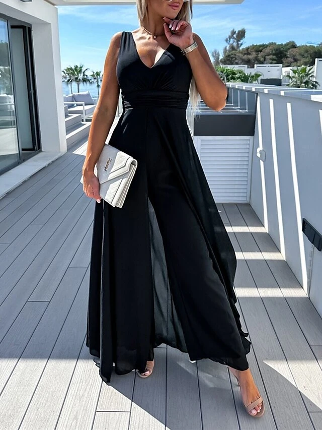 Women's Jumpsuit High Waist With Train Solid Color V Neck Streetwear Wedding Party Regular Fit Sleeveless Black Pink Blue S M L Summer 9 Women's Jumpsuit High Waist With Train Solid Color V Neck Streetwear Wedding Party Regular Fit Sleeveless Black Pink Blue S M L Summer - Image 9