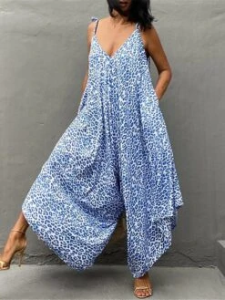 One Piece Jumpsuits For Women Pocket Print Leopard V Neck Streetwear Street Daily Regular Fit Sleeveless Black Blue Khaki S M L Summer -Cheap Plus Fit Dress Store iflbby1684839660668