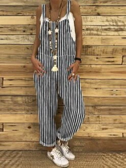 Jumpsuit For Woman CasualOverall Pocket Print Striped Holiday Daily Vacation Straight Regular Fit Sleeveless Sleeveless Black White Red S M L Summer