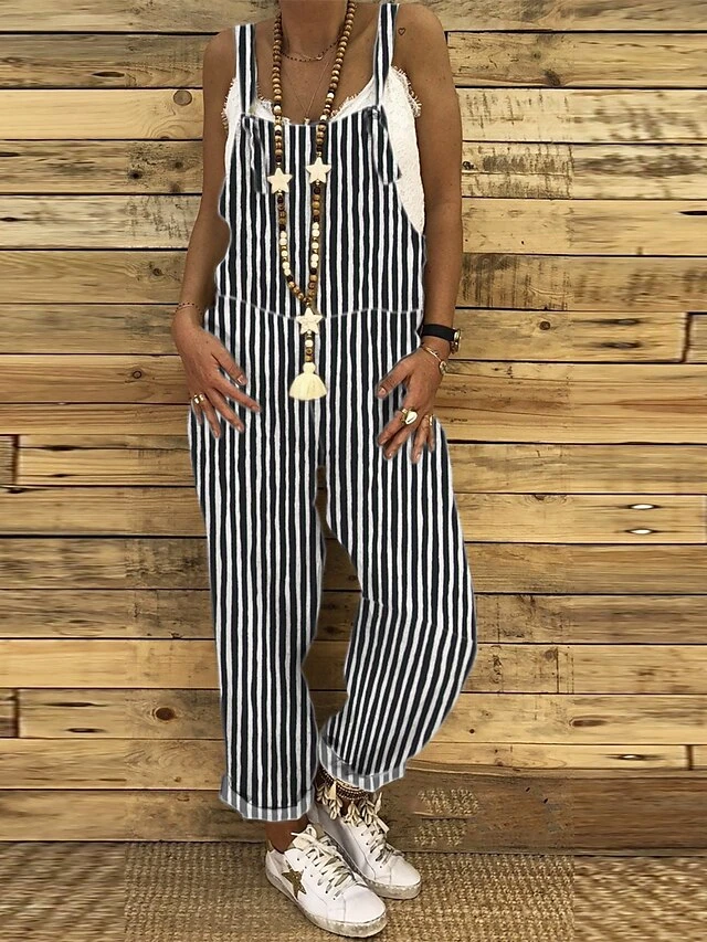 Jumpsuit For Woman CasualOverall Pocket Print Striped Holiday Daily Vacation Straight Regular Fit Sleeveless Sleeveless Black White Red S M L Summer 1 Jumpsuit For Woman CasualOverall Pocket Print Striped Holiday Daily Vacation Straight Regular Fit Sleeveless Sleeveless Black White Red S M L Summer