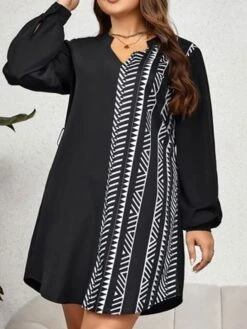 Women's Plus Size Curve Casual Dress Sheath Dress Black Dress Geometric Midi Dress Long Sleeve Lace Up Print V Neck Fashion Outdoor Black Fall Winter XL XXL 3XL 4XL -Cheap Plus Fit Dress Store ifrkxh1695024243915