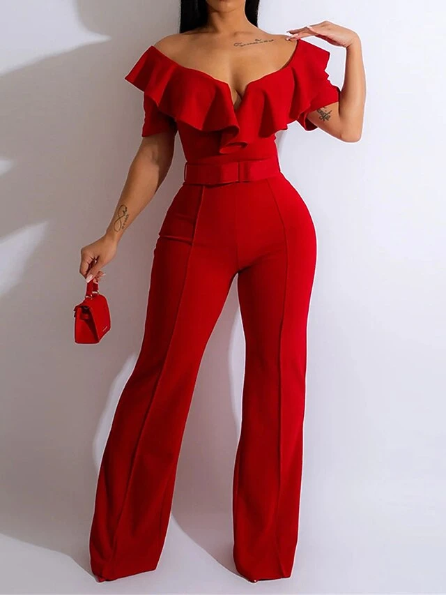 Women's Jumpsuit Ruffle High Waist Solid Color Off Shoulder Elegant Wedding Party Regular Fit Short Sleeve Black Red Blue S M L Fall 2 Women's Jumpsuit Ruffle High Waist Solid Color Off Shoulder Elegant Wedding Party Regular Fit Short Sleeve Black Red Blue S M L Fall - Image 2