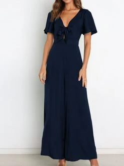 Women's Jumpsuit Ruffle Backless Solid Color V Neck Streetwear Street Daily Regular Fit Short Sleeve Green Wine Navy Blue S M L Spring / Bow -Cheap Plus Fit Dress Store ifxejj1647857555001