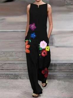 Women's Jumpsuit Pocket Print Floral Clean Fit Dressy Party OL Crew Neck Streetwear Daily Vacation Regular Fit Sleeveless Black S M L Fall Summer