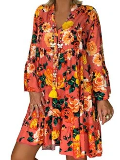 Women‘s Plus Size Curve Casual Dress Floral V Neck Print Long Sleeve Fall Spring Casual Short Mini Dress Daily Vacation Dress -Cheap Plus Fit Dress Store igcmac1660643940158