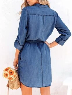 Women's Shirt Dress Casual Dress Mini Dress Outdoor Daily Denim Fashion Modern Shirt Collar Lace Up Button Long Sleeve Fall Winter 2023 Loose Fit Navy Blue Blue Pure Color S M L XL -Cheap Plus Fit Dress Store iglaaz1693226276905