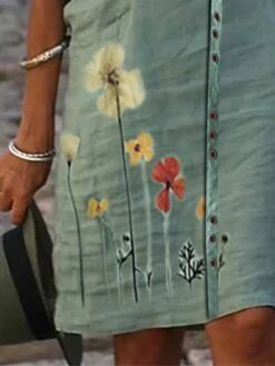 Women's Cotton Linen Dress Casual Dress Shift Dress Midi Dress Cotton Blend Fashion Casual Outdoor Daily Crew Neck Button Print Half Sleeve Summer Spring Fall 2023 Regular Fit Green Floral S M L XL -Cheap Plus Fit Dress Store igltck1681380596538