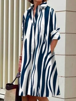 Women's Shirt Dress Casual Dress Midi Dress Outdoor Office Daily Polyester Fashion Modern Shirt Collar Button Pocket Long Sleeve Fall Winter 2023 Loose Fit Black Navy Blue Blue Geometric Color Block