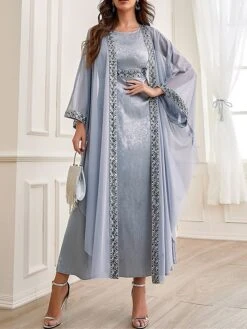 Women's Two Piece Dress Set Party Dress Sheath Dress Party Wedding Guest Fashion Party Embroidered Long Dress Maxi Dress Crew Neck Long Sleeve Print Regular Fit Gray Fall Winter S M L XL