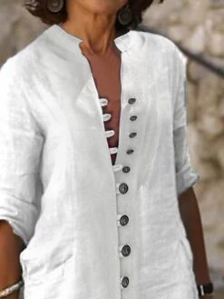 Women's Shirt Dress Casual Dress Cotton Linen Dress Midi Dress Cotton Blend Classic Modern Outdoor Daily Vacation Split Neck Button Half Sleeve Summer Spring Fall 2023 Loose Fit White Plain S M L XL -Cheap Plus Fit Dress Store ihqeoy1683342657429