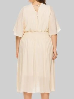 Women‘s Plus Size Curve Party Dress Wedding Guest Dress Swing Dress Midi Dress Black Beige Half Sleeve Pure Color Pleated Summer Spring Fall V Neck Party Birthday Wedding Guest Vacation 2023 -Cheap Plus Fit Dress Store ihvpju1691399368012